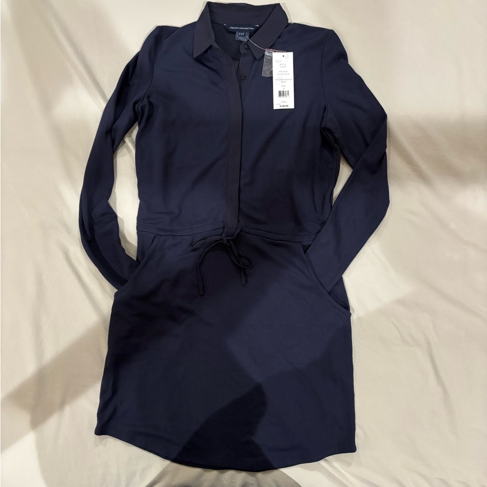 New French Long Sleeve Dress drawstring waist & pleated back panel Dark Blue xsm
